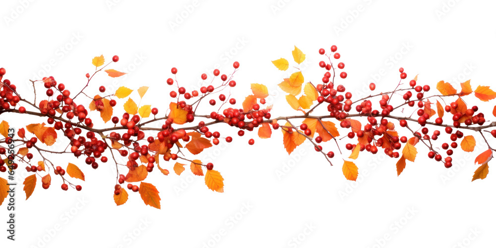 outlines of thin branch with berries and autumn leaves, png file of isolated cutout object on transparent background.