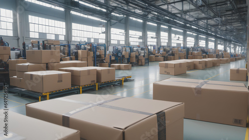a warehouse with rows of cardboard boxes on conveyor belts. The boxes are various sizes and have shipping labels on them.
