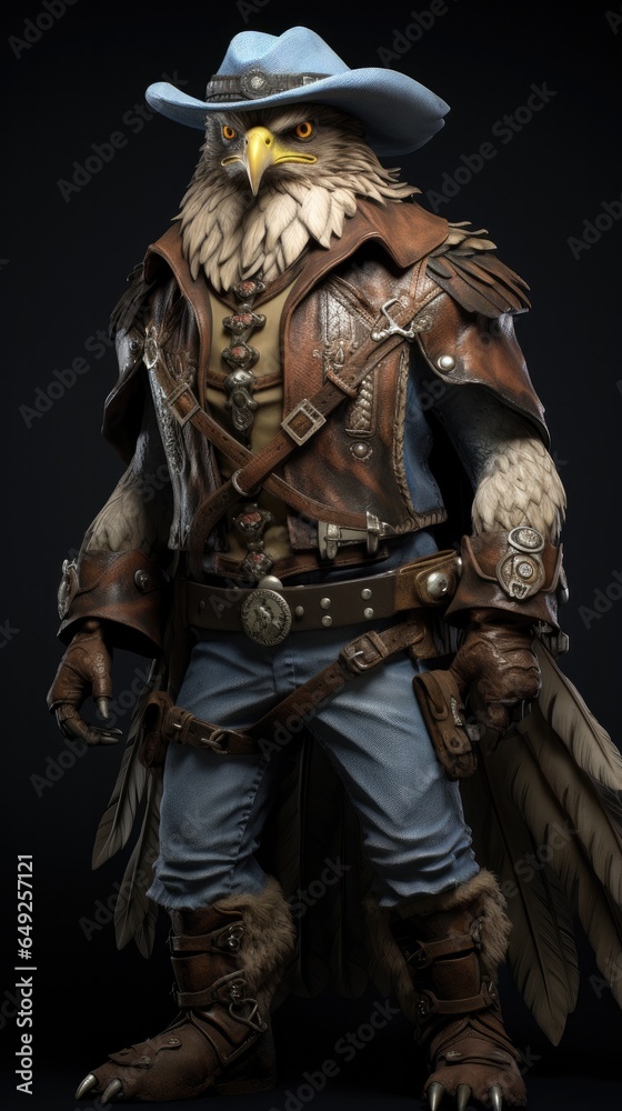 Fototapeta premium Western style eagle, hawk animal, with hat and old clothes. High detailed photo realistic. Black or dark background Generative AI