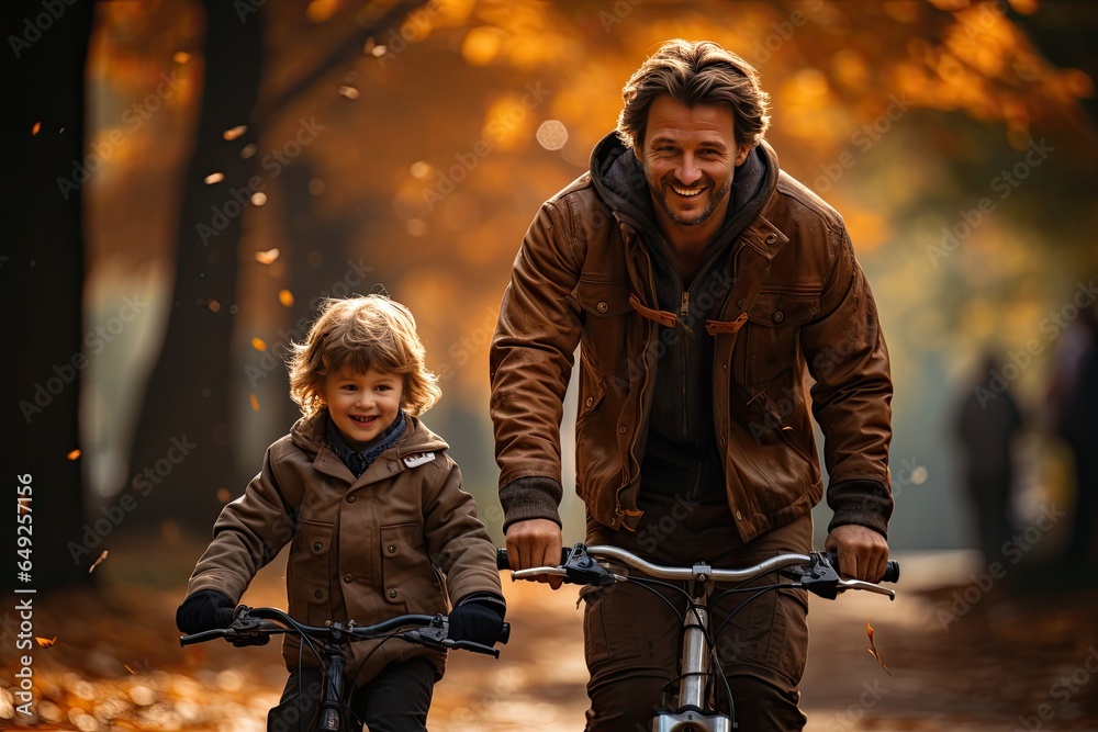 Fototapeta premium Dad and son riding bicycles in the autumn park. Man helping child to learn bike. Family values, child support, fathers day concept. Selective focus.