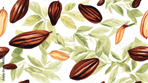 Beautiful seamless tropical pattern with hand drawn watercolor cocoa fruits and leaves