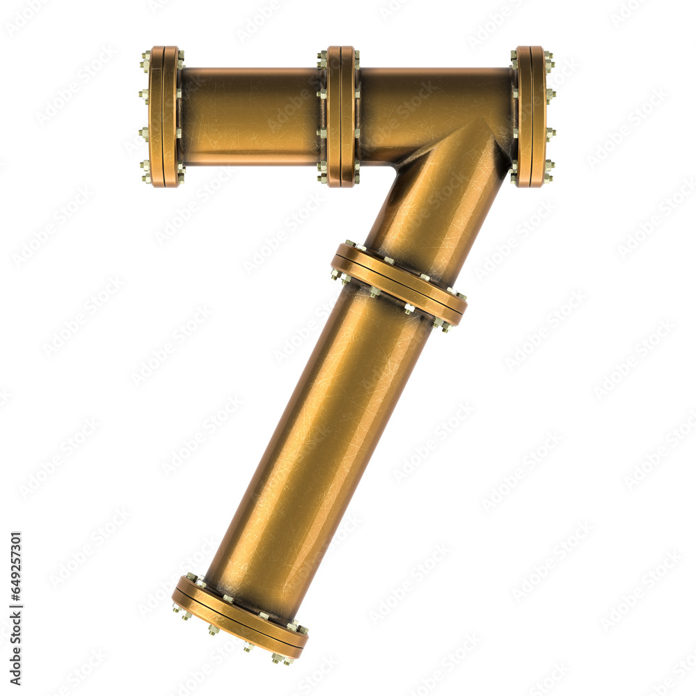 Fototapeta premium Number 7 from copper, bronze or brass pipes, 3D rendering isolated on transparent background