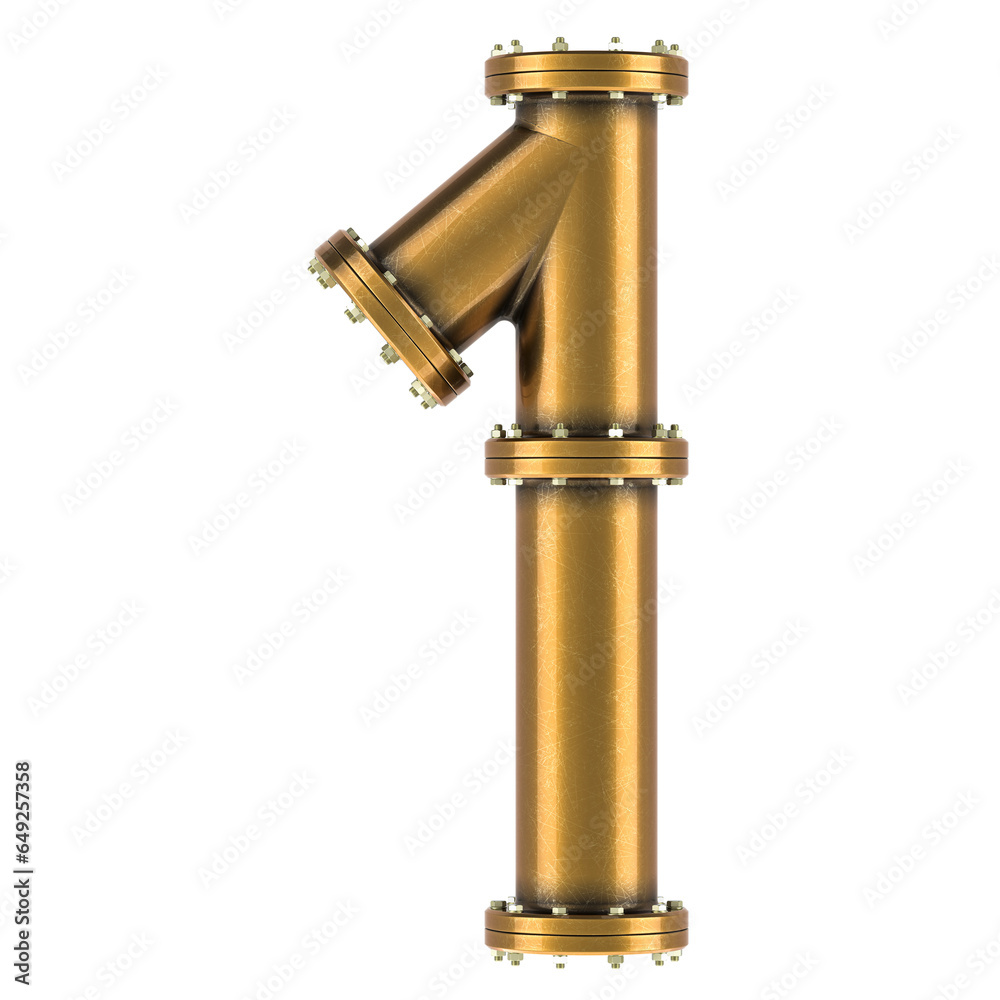 Number 1 from copper, bronze or brass pipes, 3D rendering isolated on transparent background