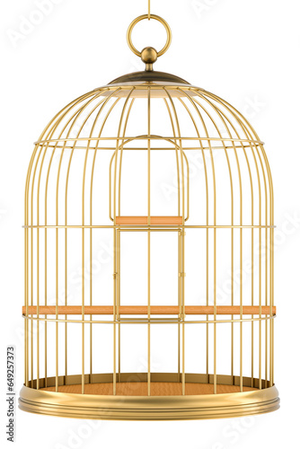Golden bird cage, gold birdcage. 3D rendering isolated on transparent background