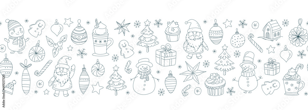 Christmas Doodle Seamless Pattern Santa Claus, Snowmen, Hot Chocolate Festive Holiday