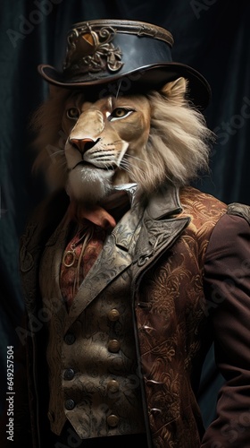 Western style lion animal, with hat and old clothes. High detailed photo realistic. Black or dark background Generative AI © dm
