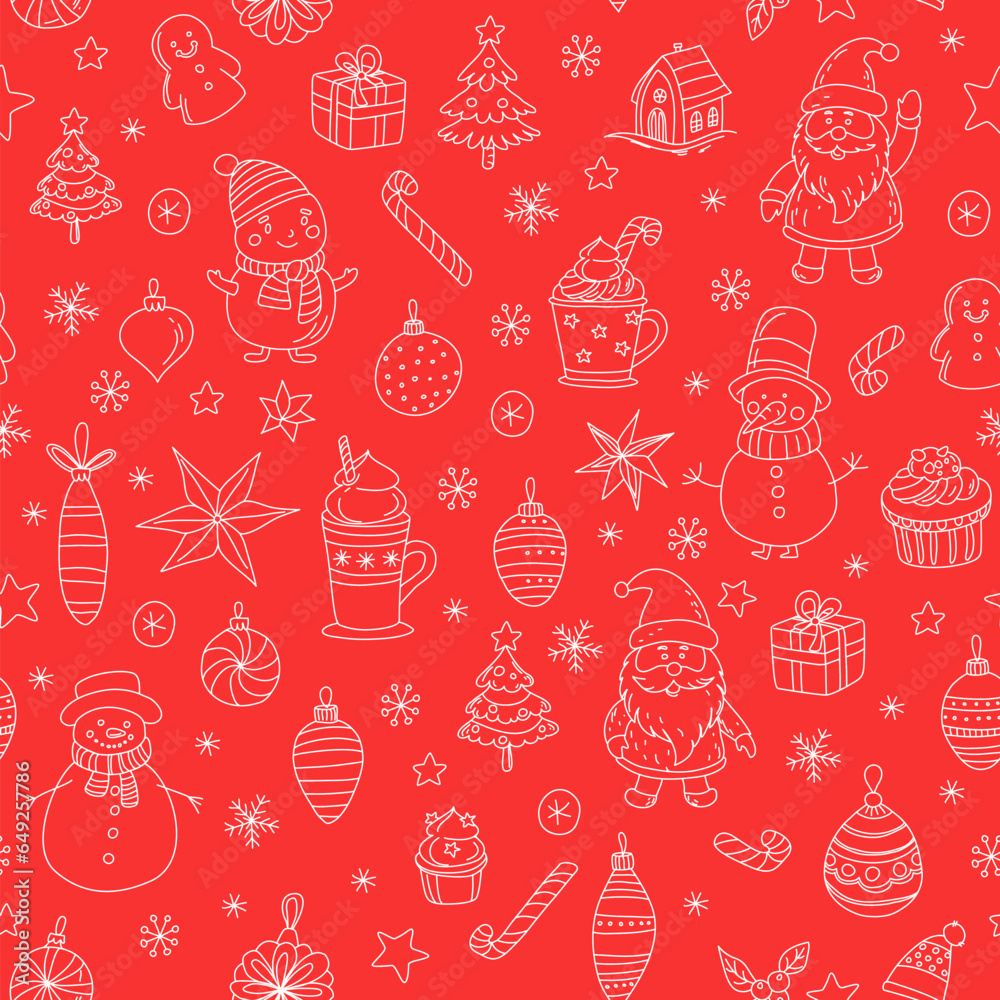 Christmas Doodle Seamless Pattern Santa Claus, Snowmen, Hot Chocolate Festive Holiday Christmas Doodle Seamless Pattern Santa Claus, Snowmen, Hot Chocolate Festive Holiday