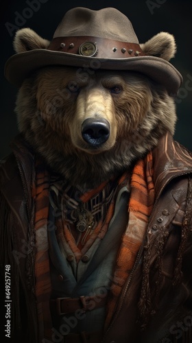 Western style bear animal, with hat and old clothes. High detailed photo realistic. Black or dark background Generative AI
