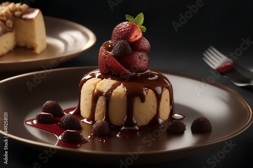 Birthday cake very delicious with fruits on the top, sweet tart cheese cake with cream, chocolate mousse with sauce on the table.