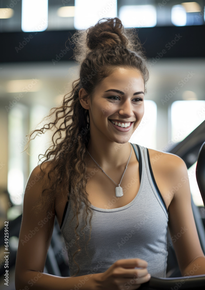 Young fit smiling woman portrait in gym.