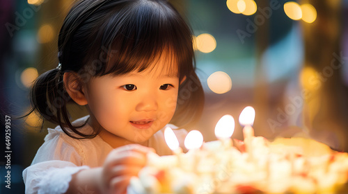 Asian Toddler Girl Making Birthday Wish and Blowing Out Cake Candles. Generative AI