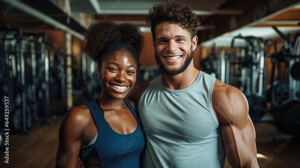 Portrait of young smiling couple in the gym. Portrait of young smiling couple in the gym.