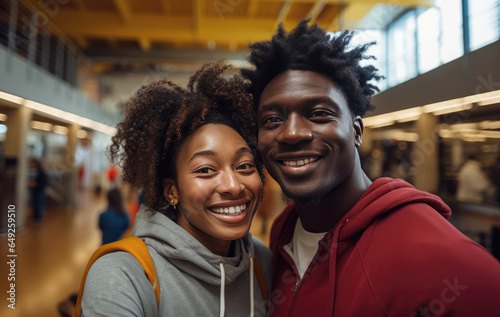 Young smiling Africa American couple taking selfie in the shopping mall, shot on smart phone.
