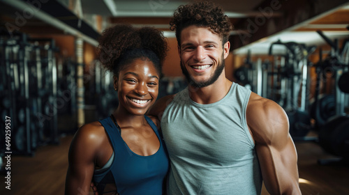 Portrait of young smiling couple in the gym.