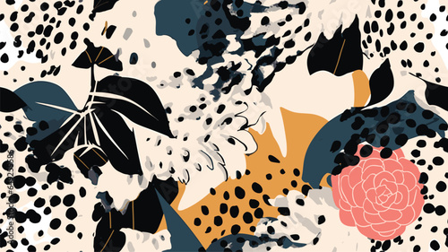 Bright hand drawn flowers and leopard skin print. Modern abstract pattern. Fashionable template for design