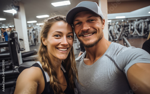 Young smiling couple taking selfie in the gym, shot on smart phone.