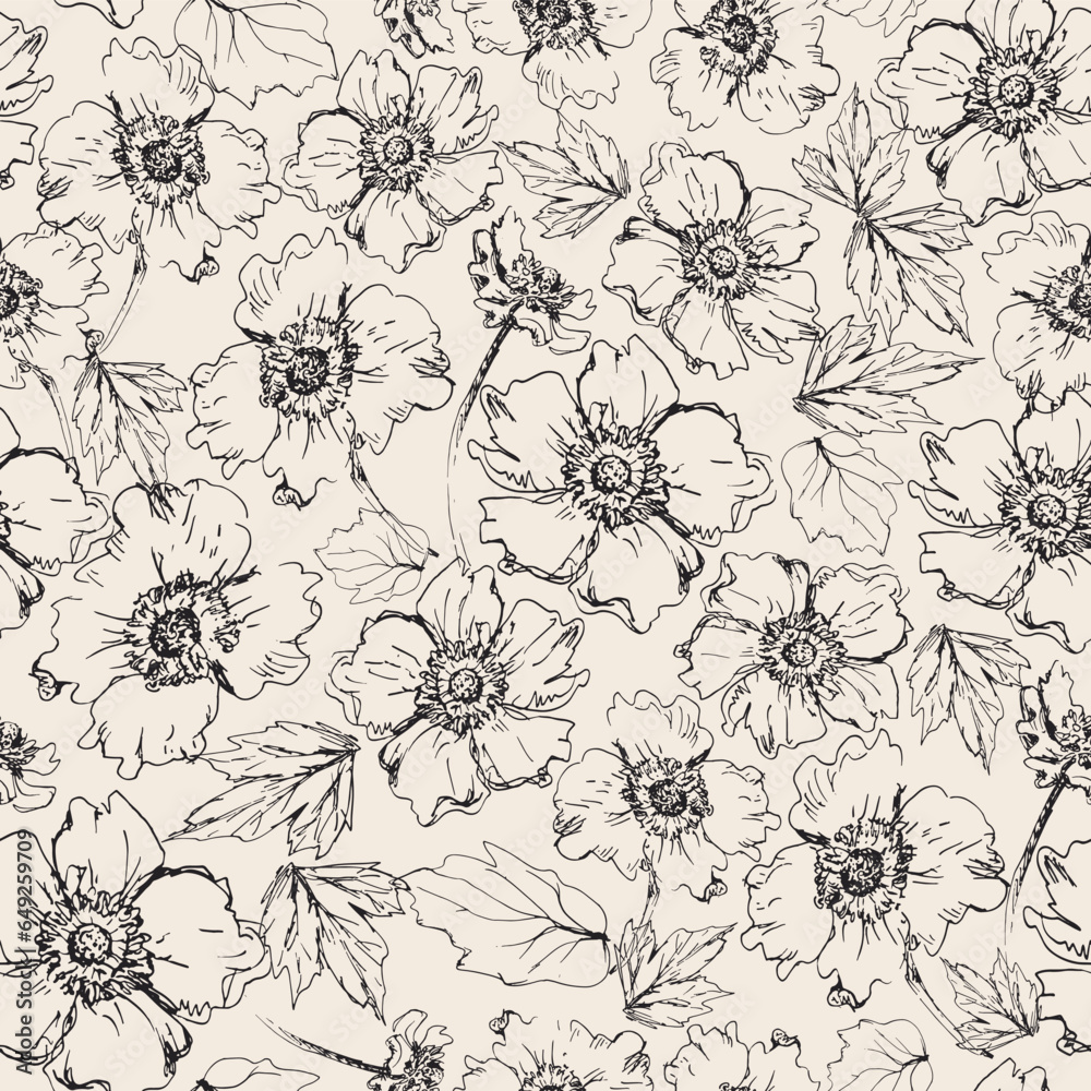 Japanese Anemones. Decorative vector seamless pattern. Repeating background. Tileable wallpaper print.
