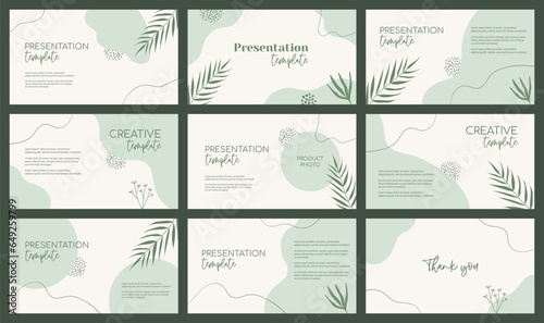 Organic green presentation templates. Natural floral green vector backgrounds with abstract shapes and palm leaves