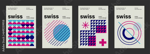 Swiss poster design vector templates. Abstract retro geometric pattern flyers, magazine covers, banners