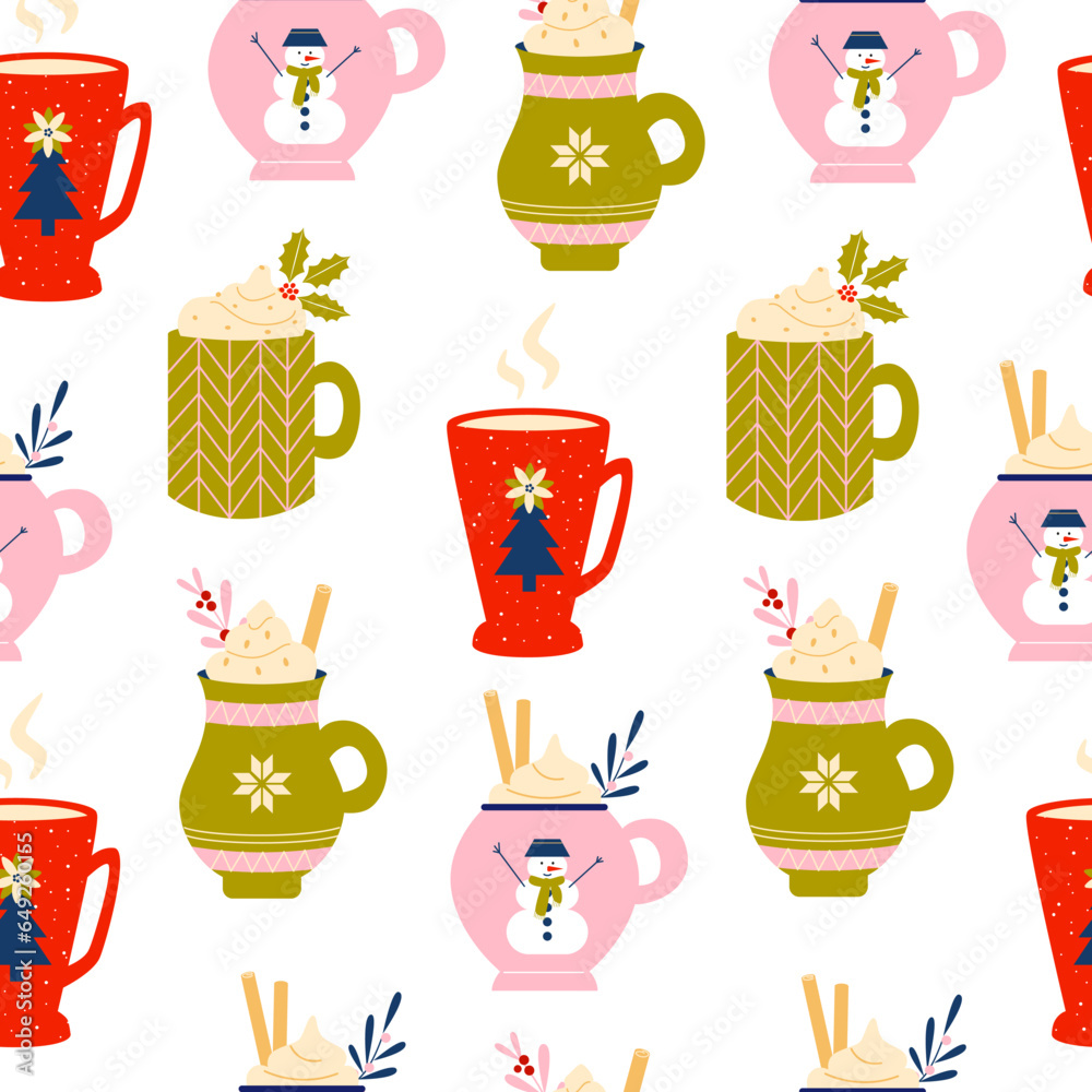 Cozy winter hot beverages seamless pattern, background. Coffee, chocolate, marshmallow, cocoa. Christmas and New Year mugs and cups with branches, berries and flowers. Retro vintage nostalgia. Cozy winter hot beverages seamless pattern, background. Coffee, chocolate, marshmallow, cocoa. Christmas and New Year mugs and cups with branches, berries and flowers. Retro vintage nostalgia.
