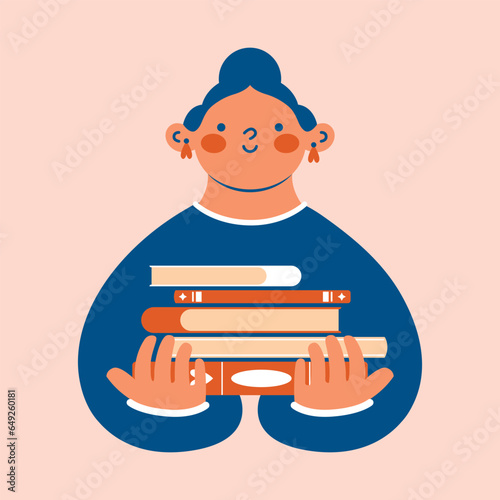 Person, who love books. Young woman holding stack of different books. World Book Day. Vector illustration in modern abstract style for motivation sticker, card, banner. Learing, educational process.