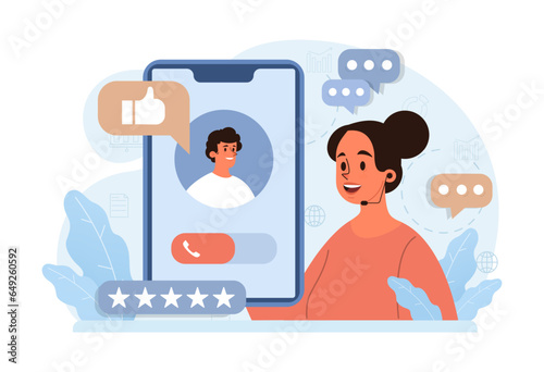 Customer feedback. Young female call center operator. Technical