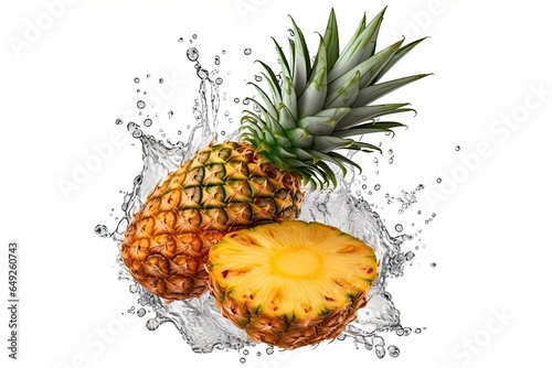 Fresh juicy pineapple fruit with water splash isolated on white background. Generative AI