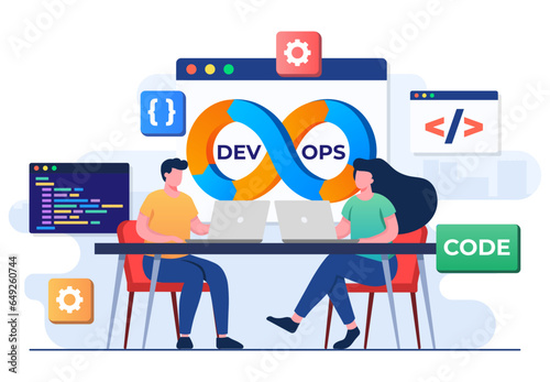 Programmers practice of development and software operations, DevOps Methodology, Technical support, Automation process, Software development and it operations concept flat illustration vector template