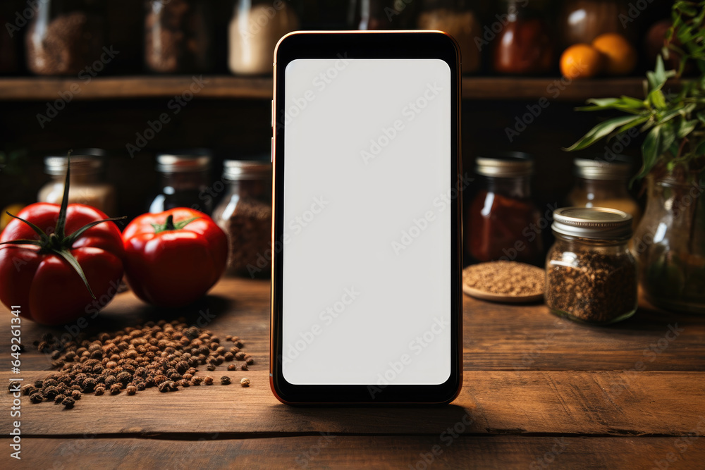 Food delivery, home kitchen, local food, cooking at home. food recipes app concept. Blank cell phone screen mockup and cooking ingredients, spices on wooden table - obrazy, fototapety, plakaty 
