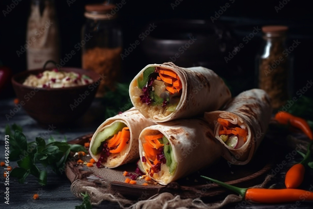 Lavash rolls with pickled vegetables and herbs. Generative AI. - obrazy, fototapety, plakaty 