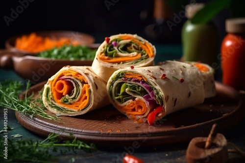 Lavash rolls with pickled vegetables and herbs. Generative AI. © Oksana