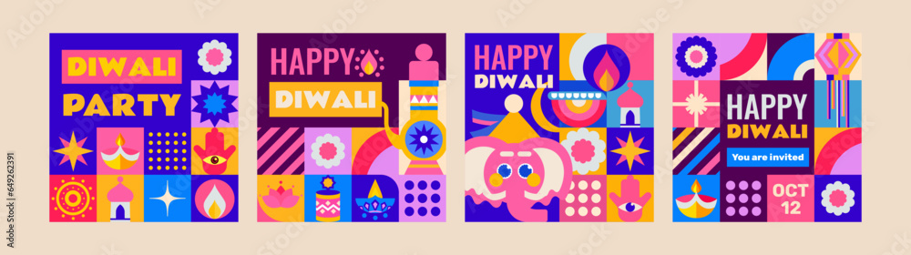 4 templates for the Diwali holiday in mosaic style. Bright, modern set with festive elements. The design will perfectly complement your project!