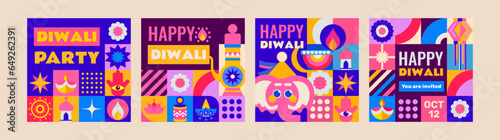 4 templates for the Diwali holiday in mosaic style. Bright, modern set with festive elements. The design will perfectly complement your project!