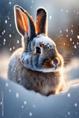 beautiful hare on a winter background with snow in backlight, closeup portrait