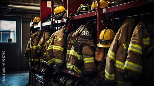 Essential equipment, firefighting gear, safety equipment, helmets, jackets, gloves, boots, organized display, professional gear, first responders, protective clothing. Generated by AI.