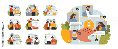 Verbal communication set. Public speaking, talking through a digital