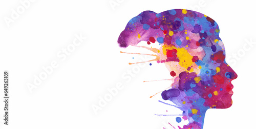 Vector illustration of human head silhouette with abstract watercolor splashes