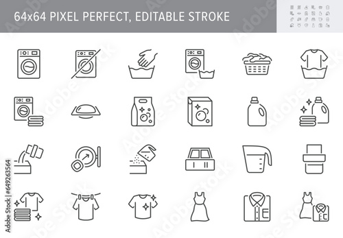 Laundry process line icons. Vector illustration include icon - washing machine, shirt, liquid detergent, basin, beaker outline pictogram for cloth cleaning. 64x64 Pixel Perfect, Editable Stroke