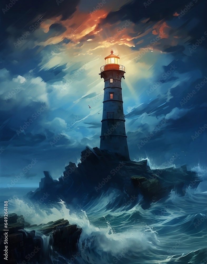 Lighthouse in stormy ocean digital illustration. Sea storm. Generative AI