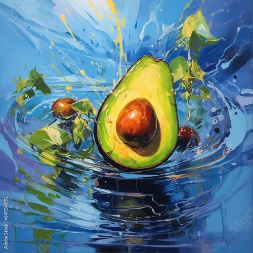 Half of avocado in the water splashes digital art illustration. Generative AI