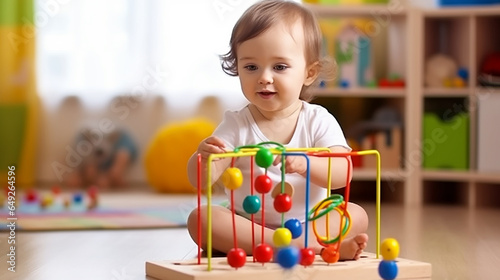 baby girl playing with educational toy in nursery