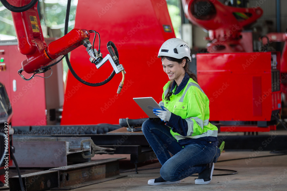 Fototapeta premium Female technician modern factory, Technical of robot operation department. Engineer worker use tablet control robotic automatic, Factory Industry automatic system software.