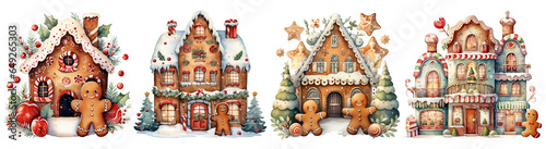 Wallpaper Mural Set of Gingerbread house  ,Christmas Theme watercolor illustration, Christmas house elegant , Gingerbread Christmas Theme isolated transparent background, PNG, artwork graphic design illustration. Torontodigital.ca