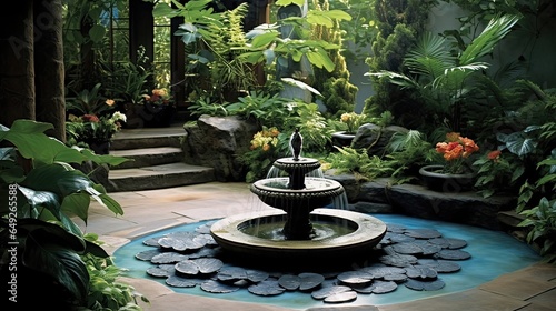 Peaceful meditation garden adorned with a gentle, trickling water fountain. Tranquil oasis, Zen retreat, meditative haven, soothing ambiance, spiritual escape. Generated by AI.
