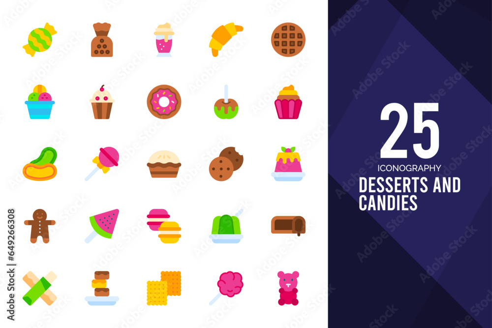 25 Desserts and Candies Flat icons pack. vector illustration. 25 Desserts and Candies Flat icons pack. vector illustration.