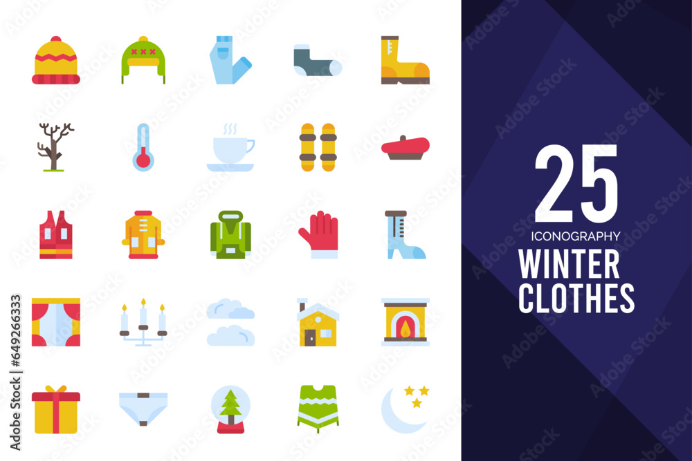 25 Winter Clothes Flat icons pack. vector illustration.