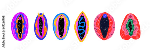 abstract image of a vagina. outer space, planets, moon and stars. snake tempter and plant herbs. printing on fabric and paper. radical feminism. vector