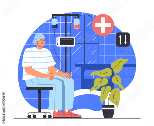 Man undergoing chemotherapy concept. Young guy near medical equipment. Patient sitting at bed in hospital. Healthcare and medicine, figh against cancer. Cartoon flat vector illustration