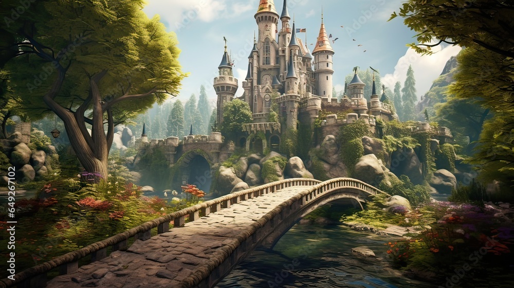 Fototapeta premium Whimsical charm, mystical surroundings, fantasy elegance, royal majesty, iconic focal point, dreams realized. Step into a world of enchantment. Generated by AI.