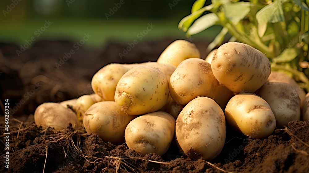 Freshly dug-up potatoes gently resting on the ground. Garden-fresh spuds, natural harvest, organic simplicity, earth's bounty, farm-to-table goodness. Taste the purity of nature. Generated by AI. Freshly dug-up potatoes gently resting on the ground. Garden-fresh spuds, natural harvest, organic simplicity, earth's bounty, farm-to-table goodness. Taste the purity of nature. Generated by AI.